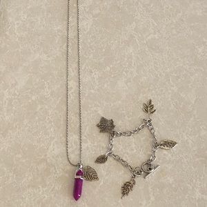 Purple stone and leaf charm bracelet set